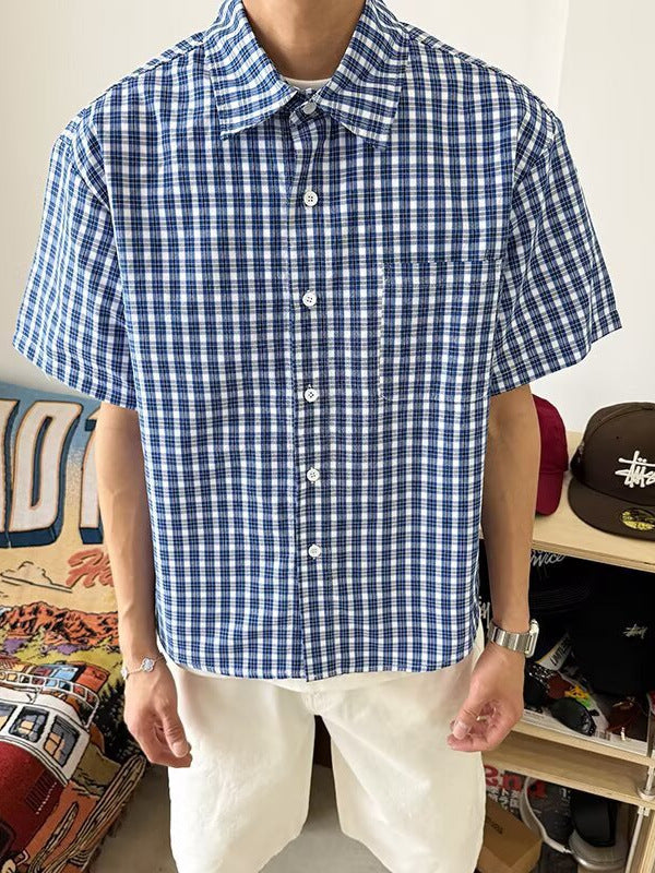Nameria Unisex Vintage Plaid Short Sleeve Shirt Cotton Blend Loose Fit