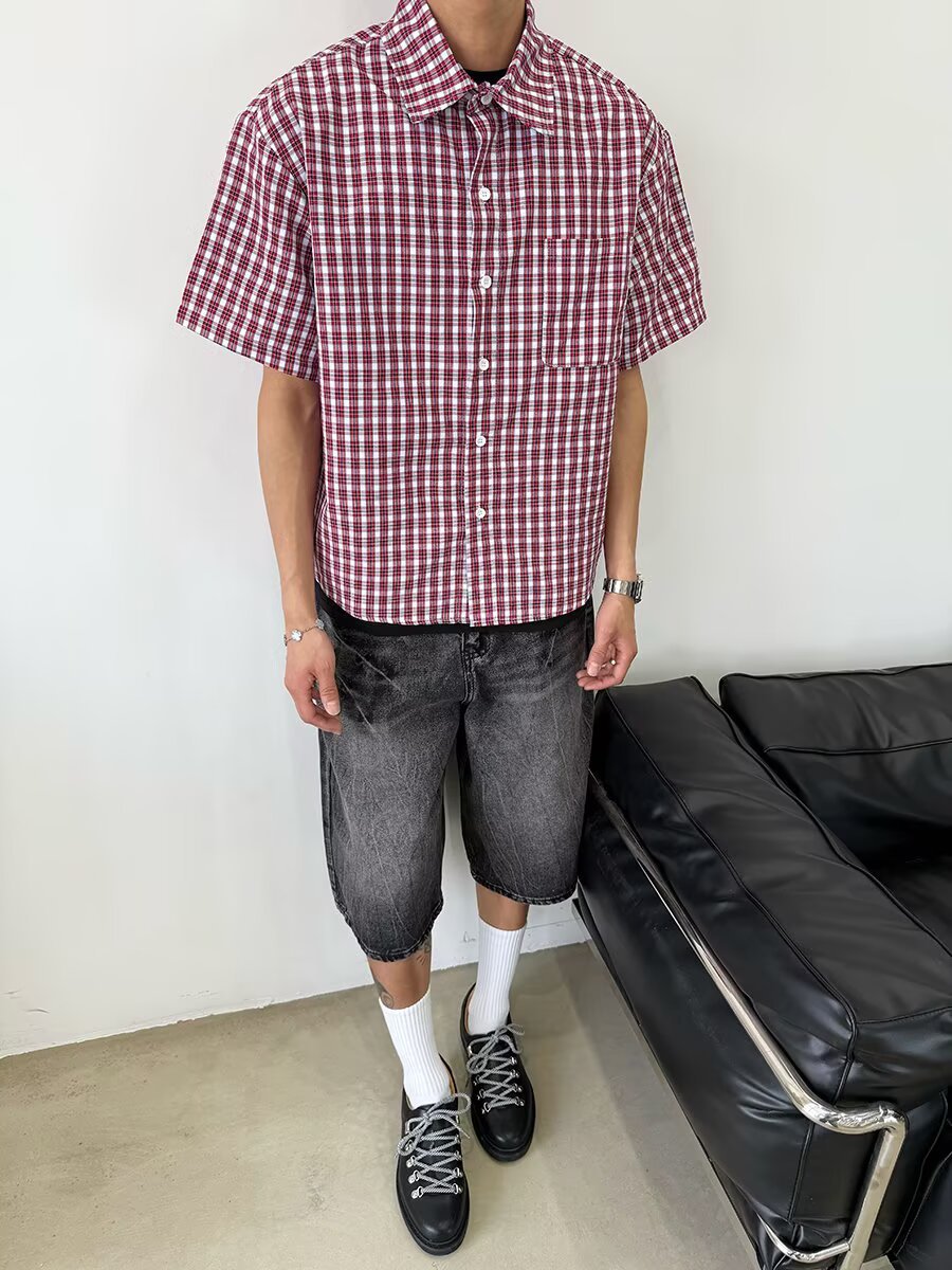 Nameria Unisex Vintage Plaid Short Sleeve Shirt Cotton Blend Loose Fit