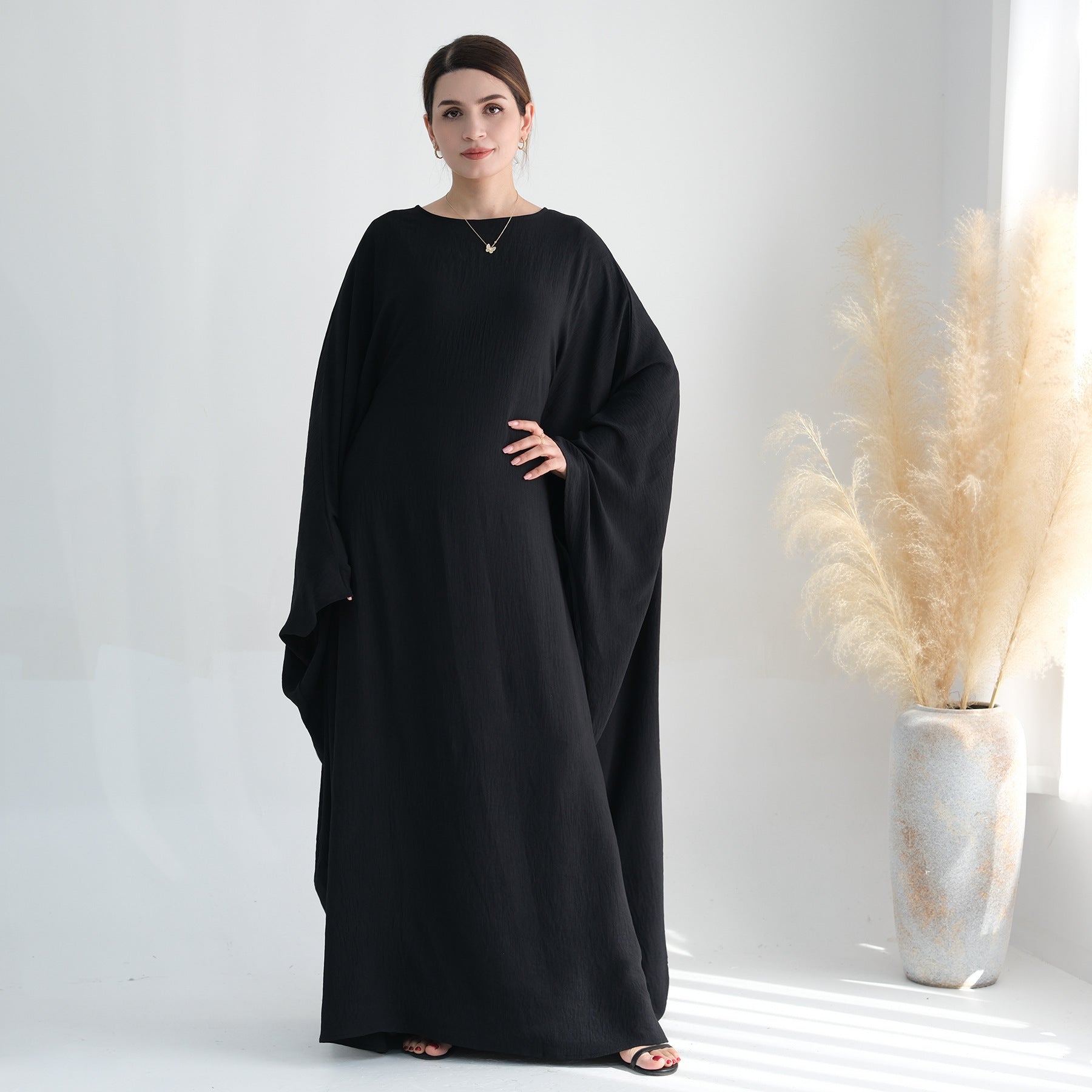 Nameria Womens Bat Sleeve Long Dress With Belt Crewneck