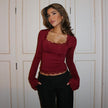 Nameria Womens Lace Long Sleeve Bell Sleeve V Neck Top Slim Fit