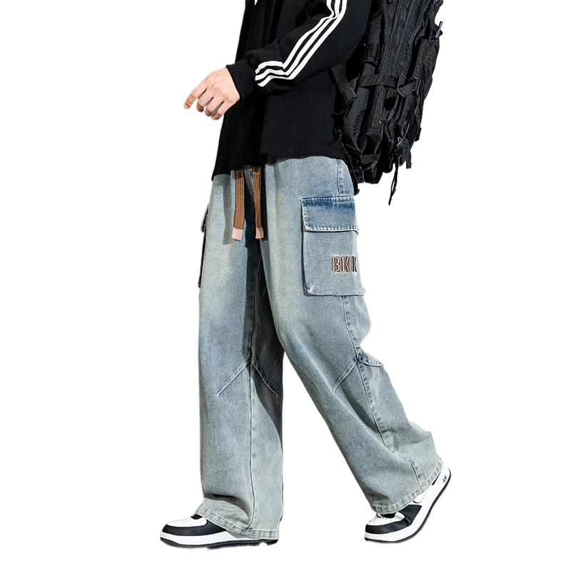 Nameria Men Vintage Washed Wide Leg Pants High Waist Zipper Placket