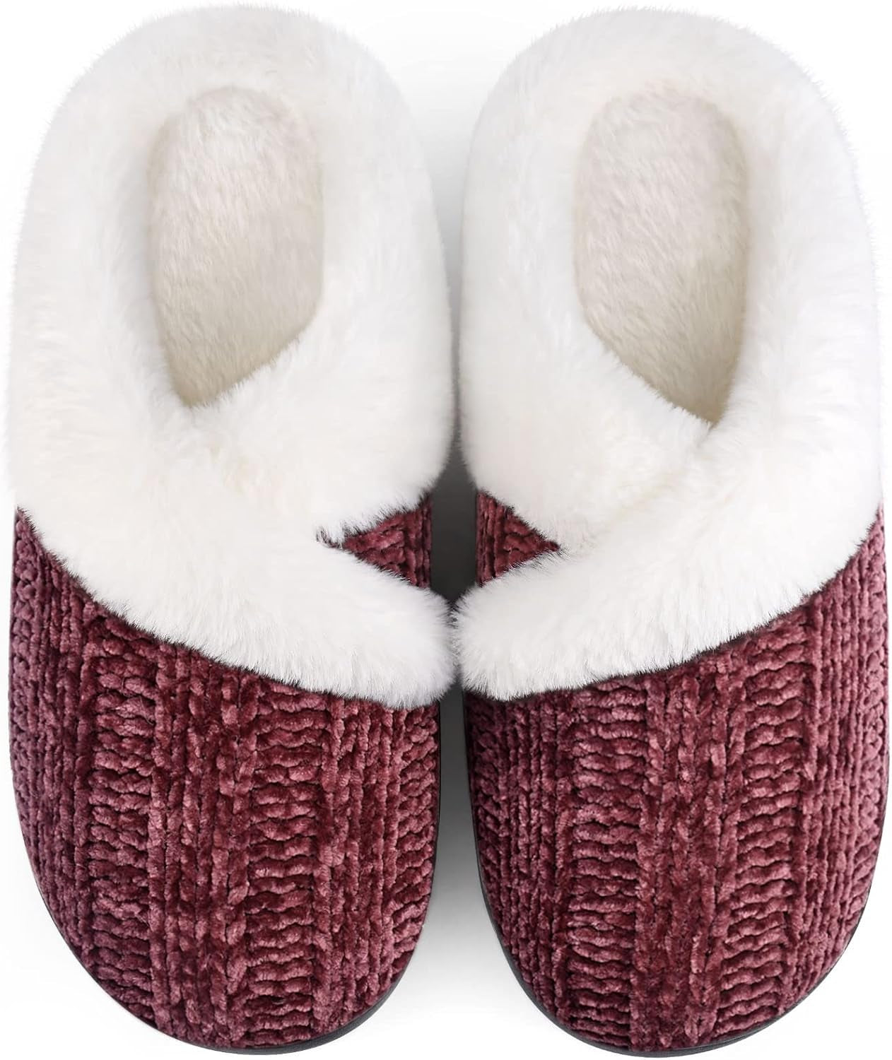 Women’s Fuzzy Memory Foam House Slippers – Indoor Outdoor Cozy Knit Slip-On with Plush Lining & Anti-Skid Rubber Sole
