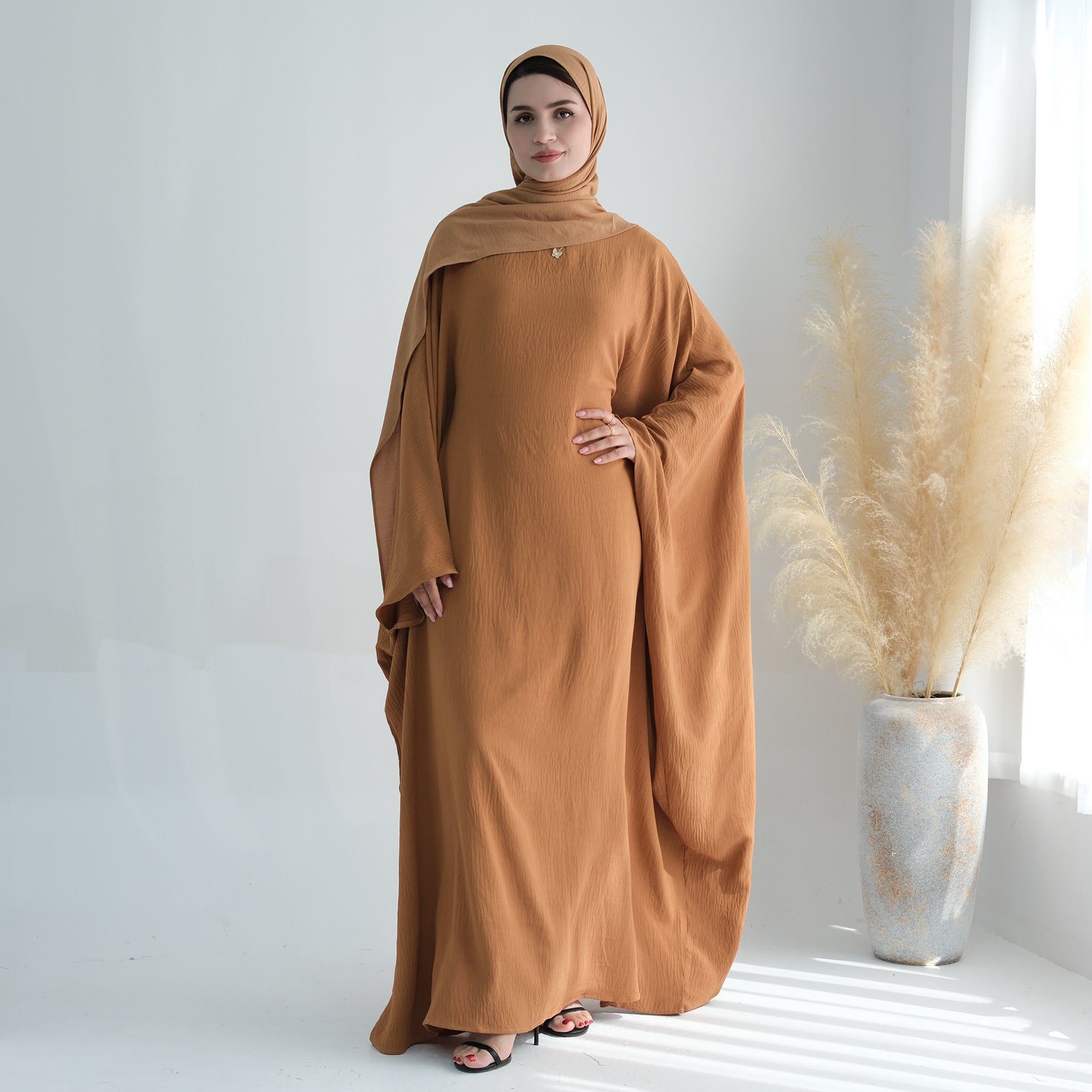 Nameria Womens Bat Sleeve Long Dress With Belt Crewneck
