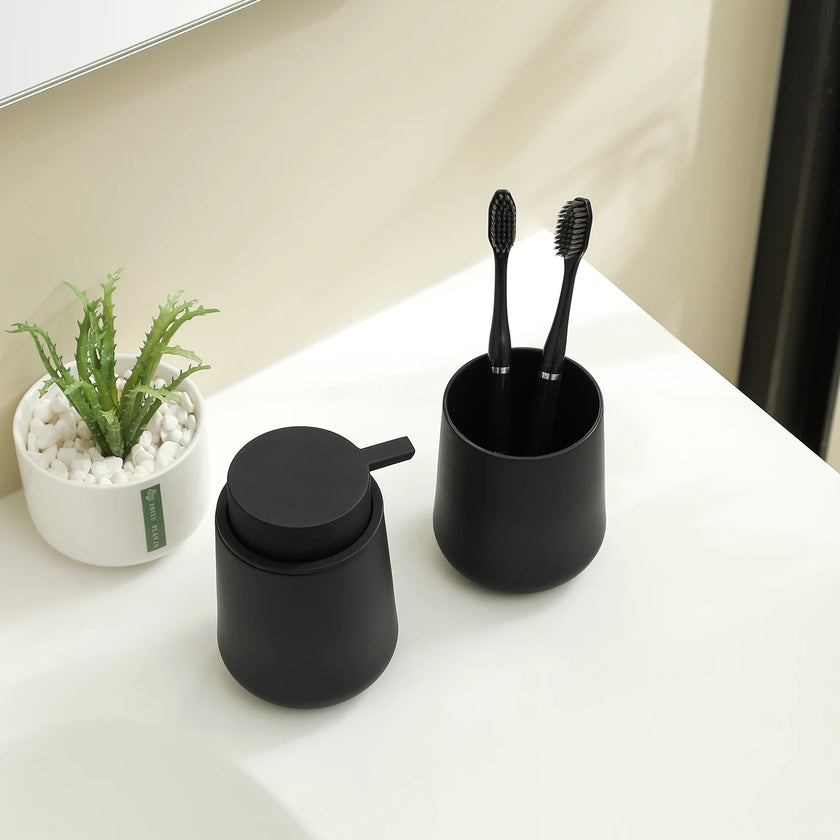 Nameria Minimal Bathroom Accessory Set – Soap Dispenser and Cup Vanity Decor