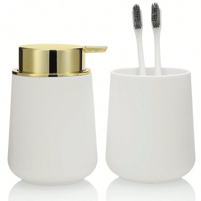 Nameria Minimal Bathroom Accessory Set – Soap Dispenser and Cup Vanity Decor