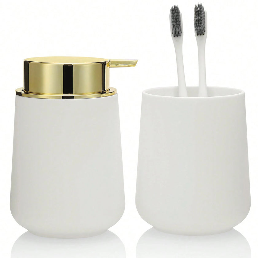 Nameria Minimal Bathroom Accessory Set – Soap Dispenser and Cup Vanity Decor