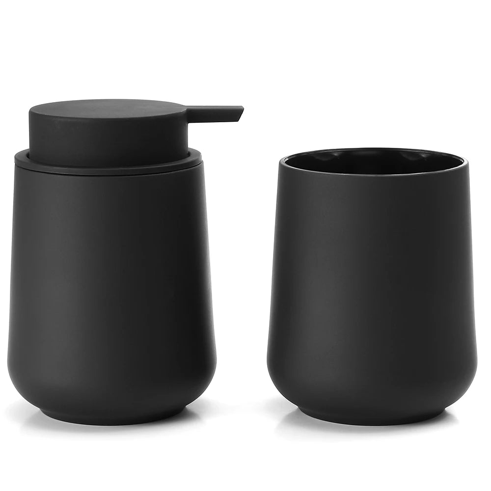 Nameria Minimal Bathroom Accessory Set – Soap Dispenser and Cup Vanity Decor
