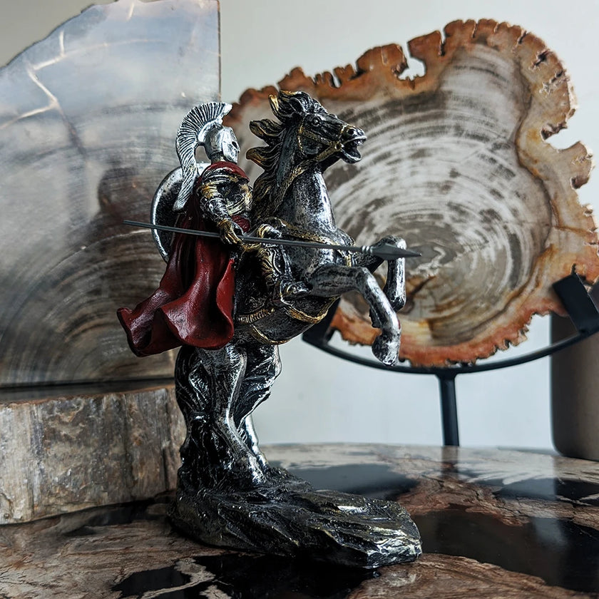 Spartan Warrior on Horse Resin Sculpture Bold Tabletop Decor