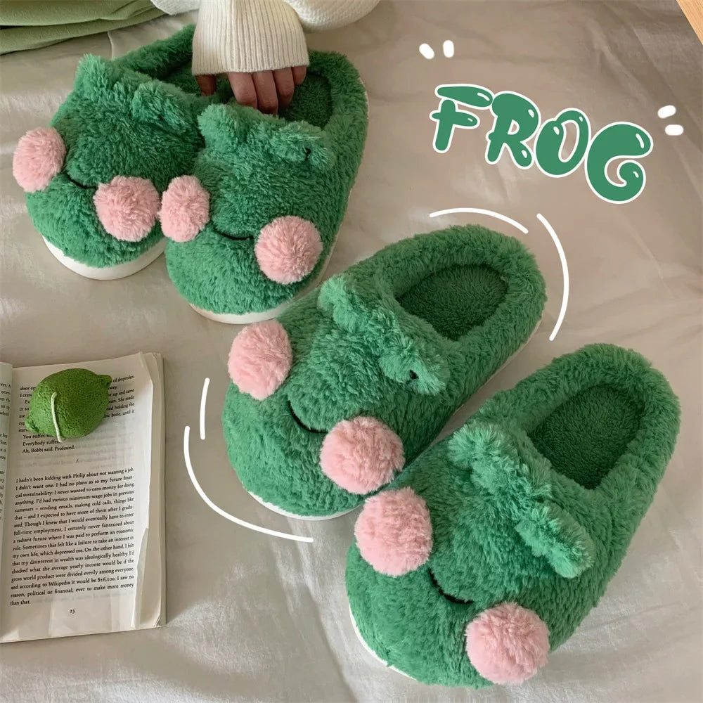Women’s Cozy Plush Frog Slippers – Soft Winter Home Comfort Slides