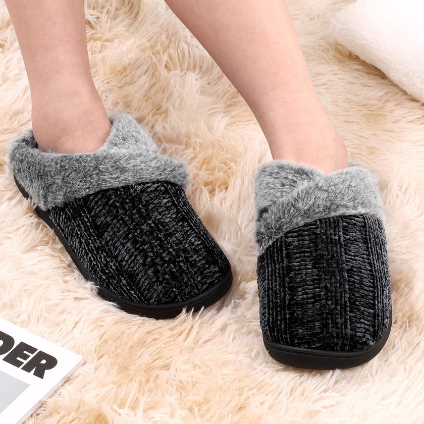Women’s Fuzzy Memory Foam House Slippers – Indoor Outdoor Cozy Knit Slip-On with Plush Lining & Anti-Skid Rubber Sole
