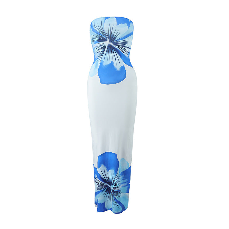 Nameria Strapless Floral Print Long Dress Tube Top Backless