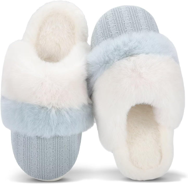 Women'S Two-Tone Fuzzy Collar House Slippers Memory Foam Plush Faux Fur Lining