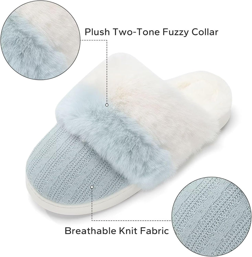 Women'S Two-Tone Fuzzy Collar House Slippers Memory Foam Plush Faux Fur Lining