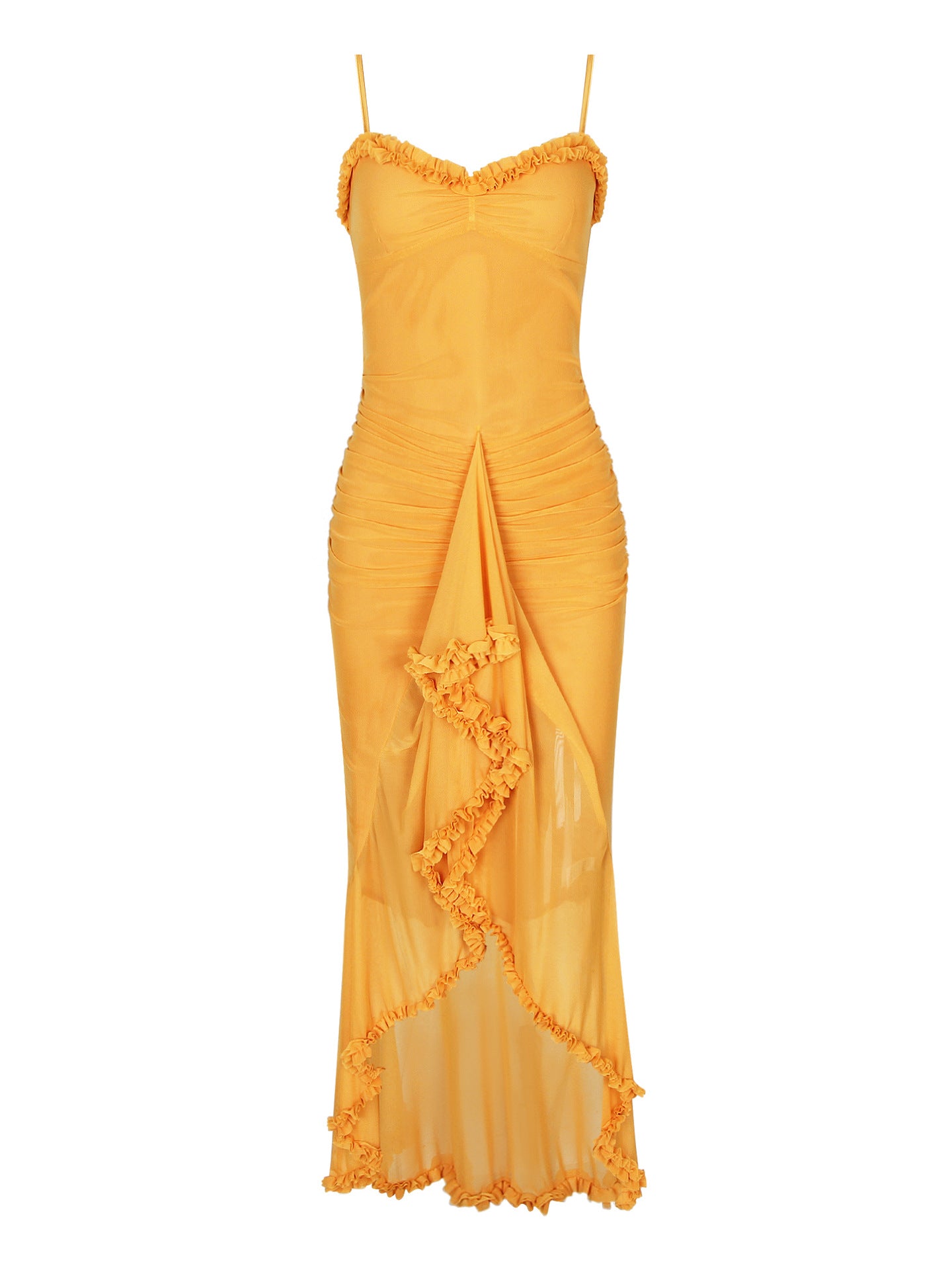 Nameria Mesh Pleated V Neck Sleeveless High Waist Long Dress