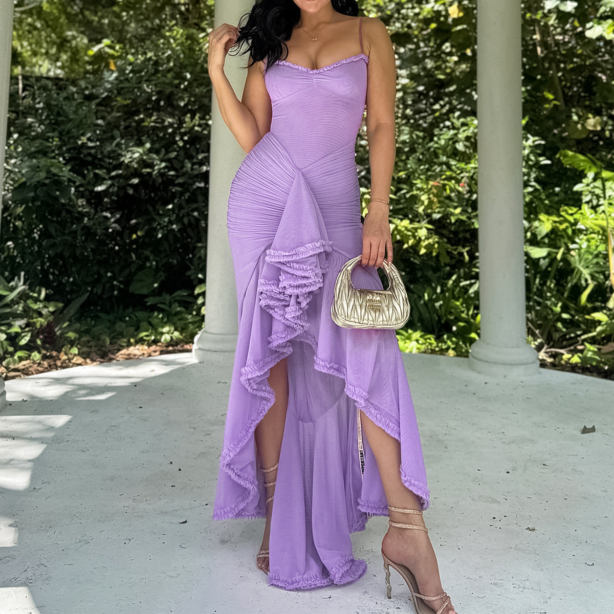 Nameria Mesh Pleated V Neck Sleeveless High Waist Long Dress