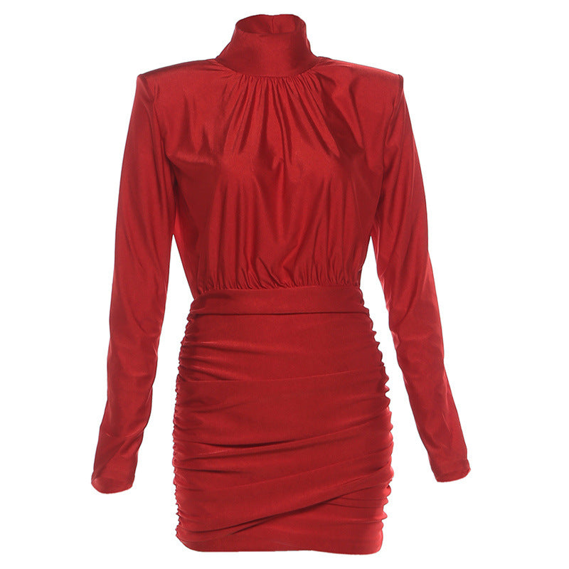 Nameria High Neck Long Sleeve Bodycon Mini Dress Ruched Knit