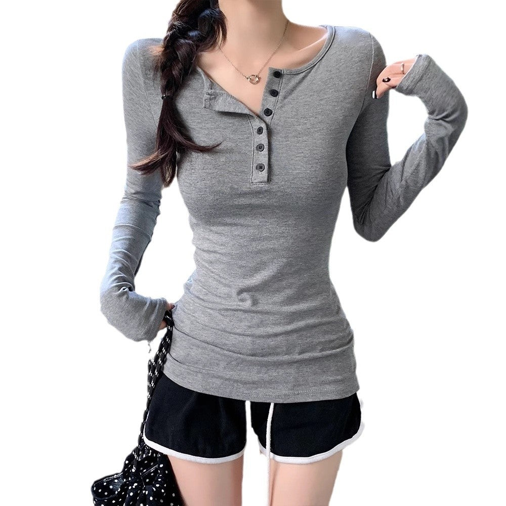Nameria Button Fitted Long Sleeve Base Layer Half Open Collar Top