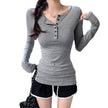 Nameria Button Fitted Long Sleeve Base Layer Half Open Collar Top