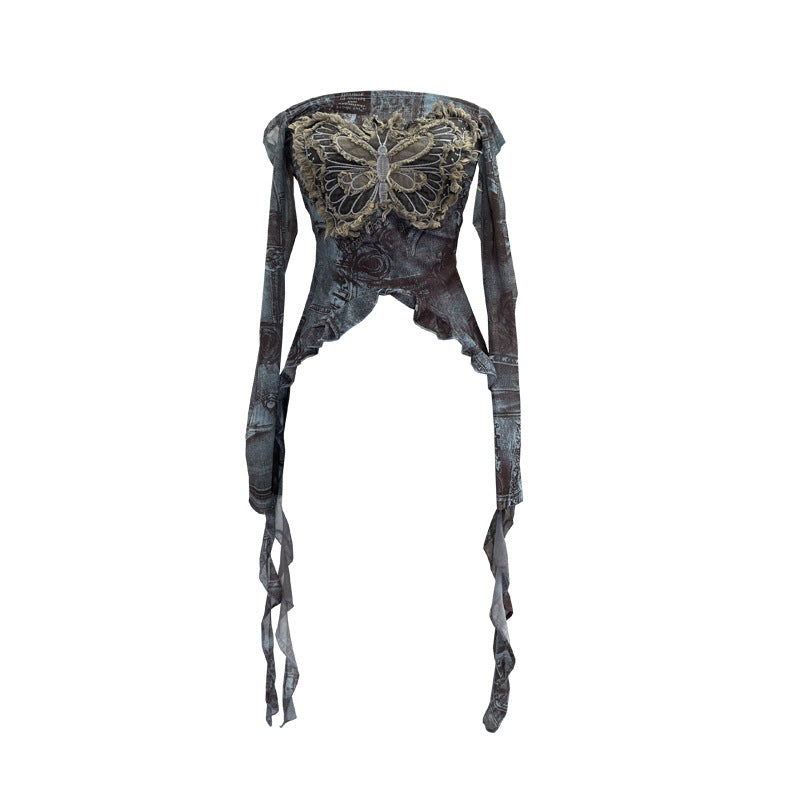 Nameria One-Shoulder Butterfly Embroidered Mesh Top