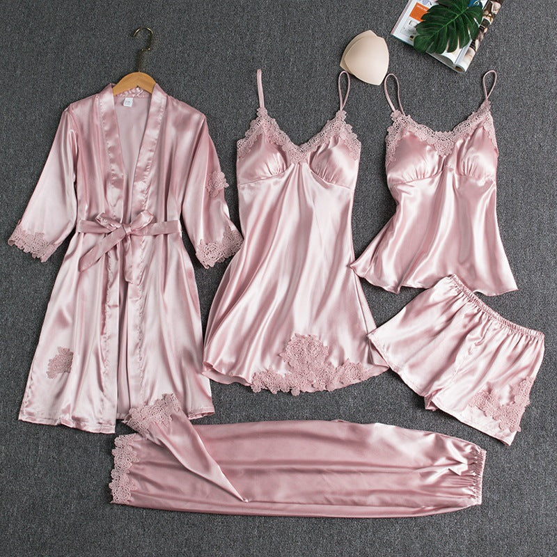 Nameria Women's Silk-like 5-Piece Pajama Set Robe Camisole Shorts Pants
