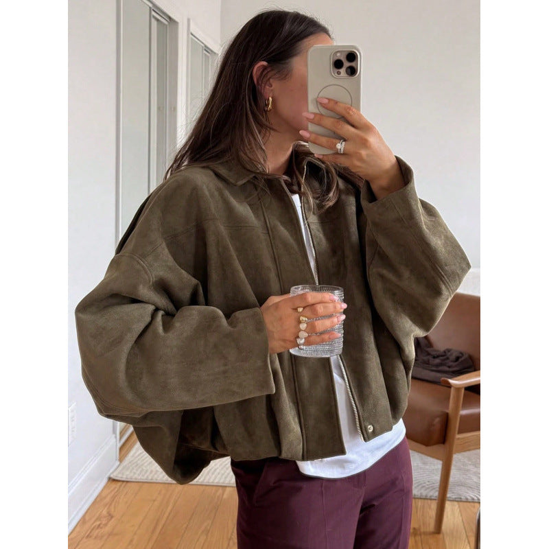 Nameria Suede Textured Lapel Bomber Jacket