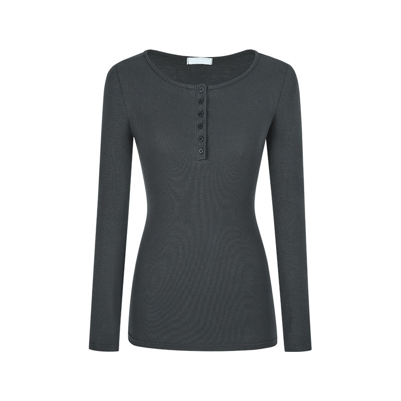 Nameria Button Fitted Long Sleeve Base Layer Half Open Collar Top