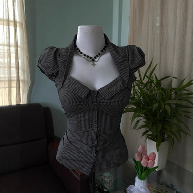 Nameria Pinstripe Puff Sleeve Button Front Blouse