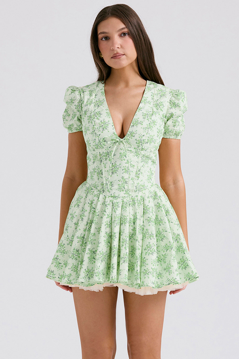 Nameria Floral Puff Sleeve A-line Short Dress V-neck High Waist