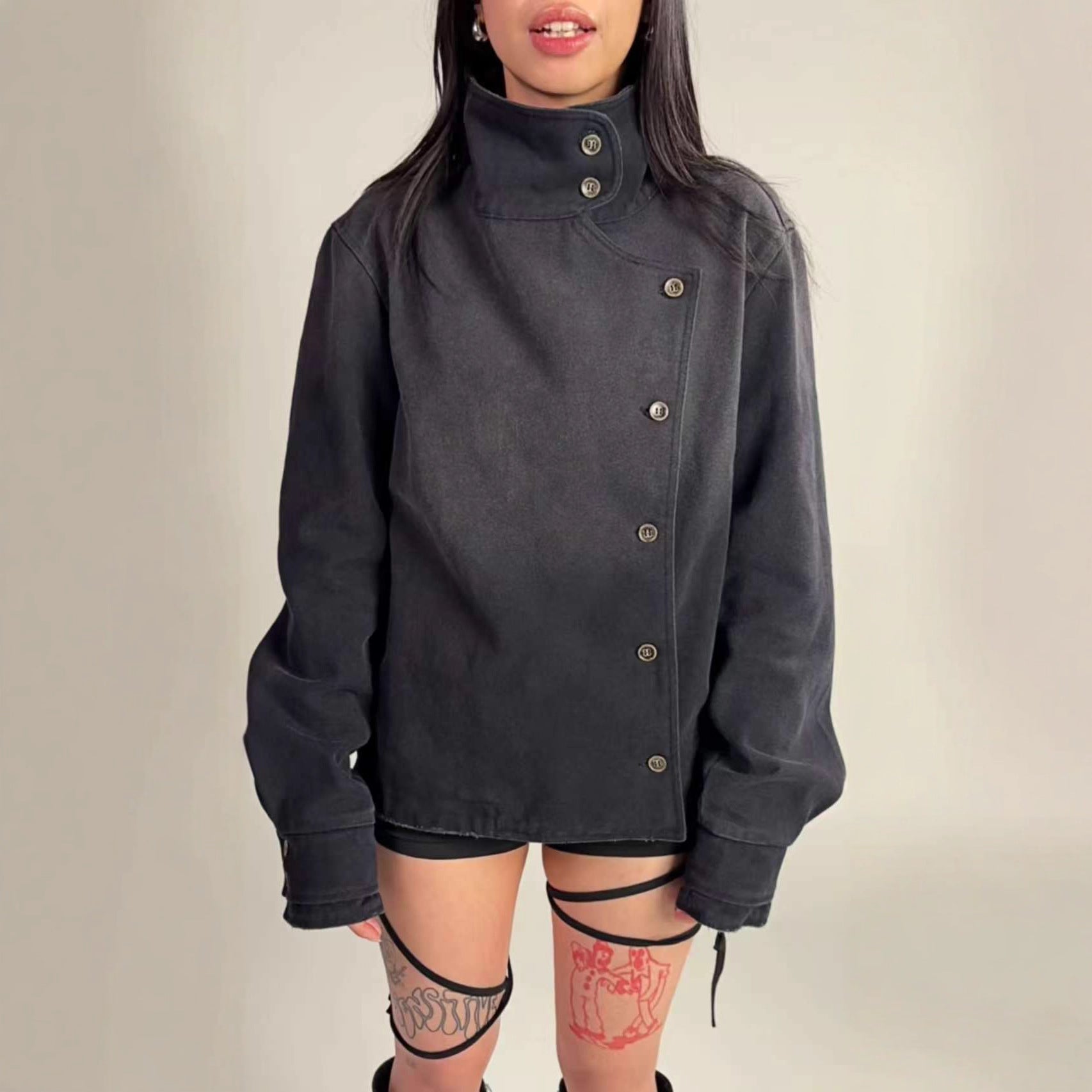 Nameria Unisex Washed Denim Jacket High Collar Button Front