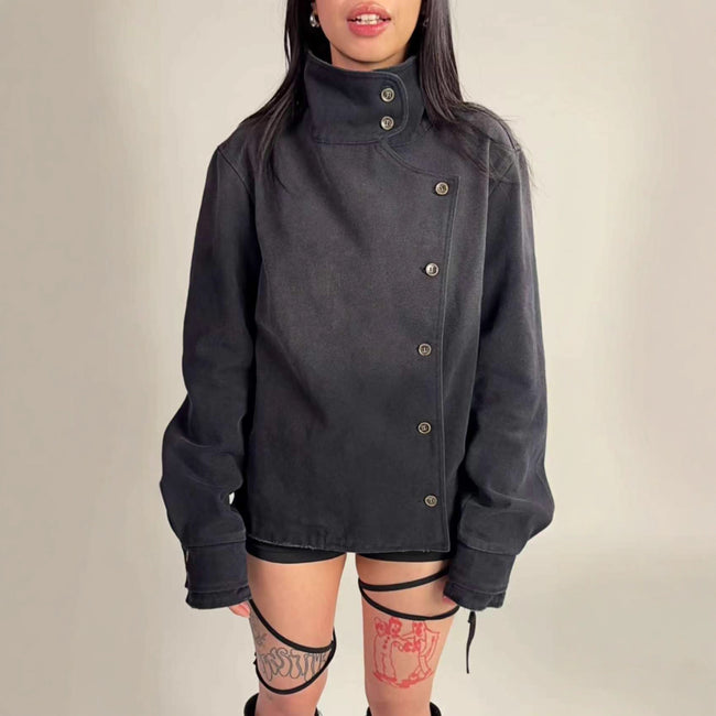 Nameria Unisex Washed Denim Jacket High Collar Button Front