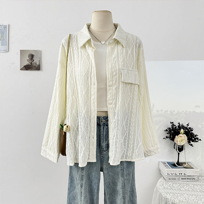 Nameria French Hollow Out Crochet Polo Lapel Long Sleeve Shirt