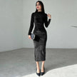 Nameria Womens Slim Fit Long Sleeve Velvet Dress Fold Detail Crewneck
