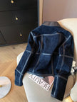 Nameria Navy Blue Suede Jacket Leather Trim Lapel Zip Front