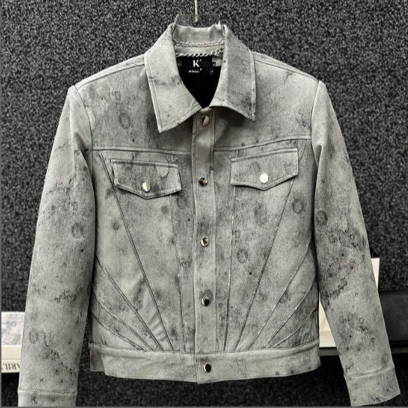 Nameria Men's Retro Tie-Dye Short Jacket with Lapel Collar