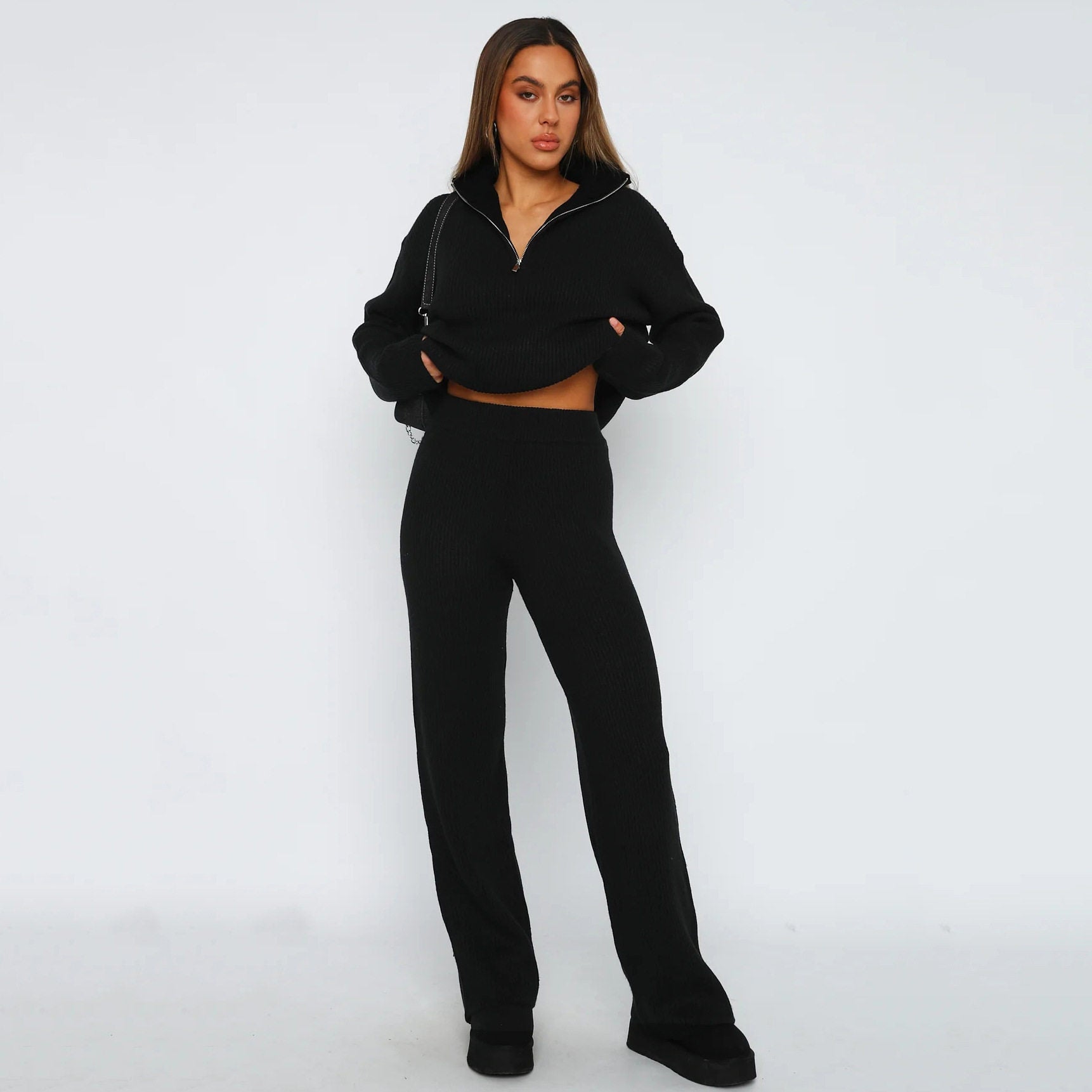 Nameria Knit Sweater Suit Ribbed Half Zip Two Piece Set