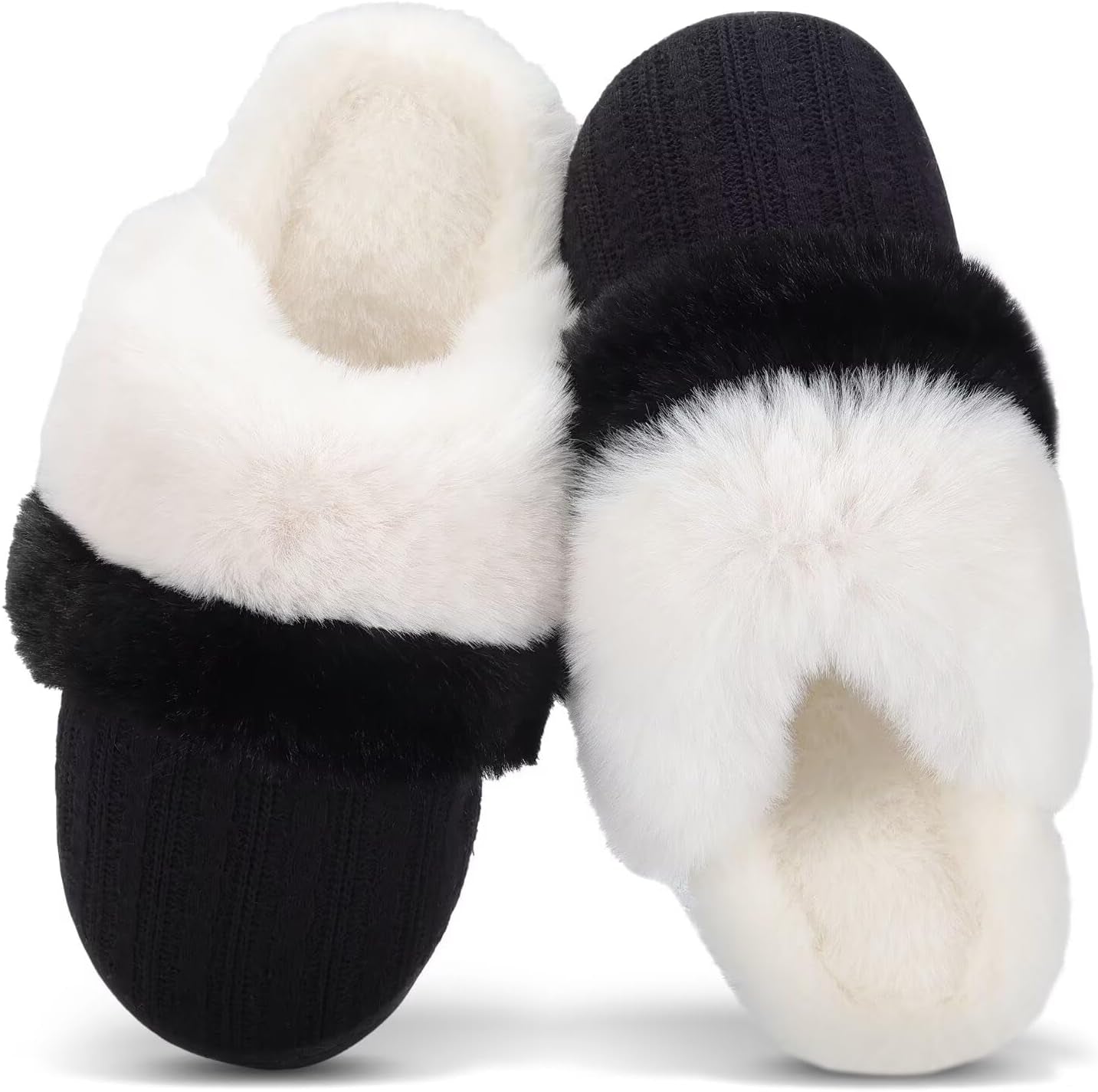 Women'S Two-Tone Fuzzy Collar House Slippers Memory Foam Plush Faux Fur Lining