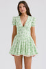 Nameria Floral Puff Sleeve A-line Short Dress V-neck High Waist
