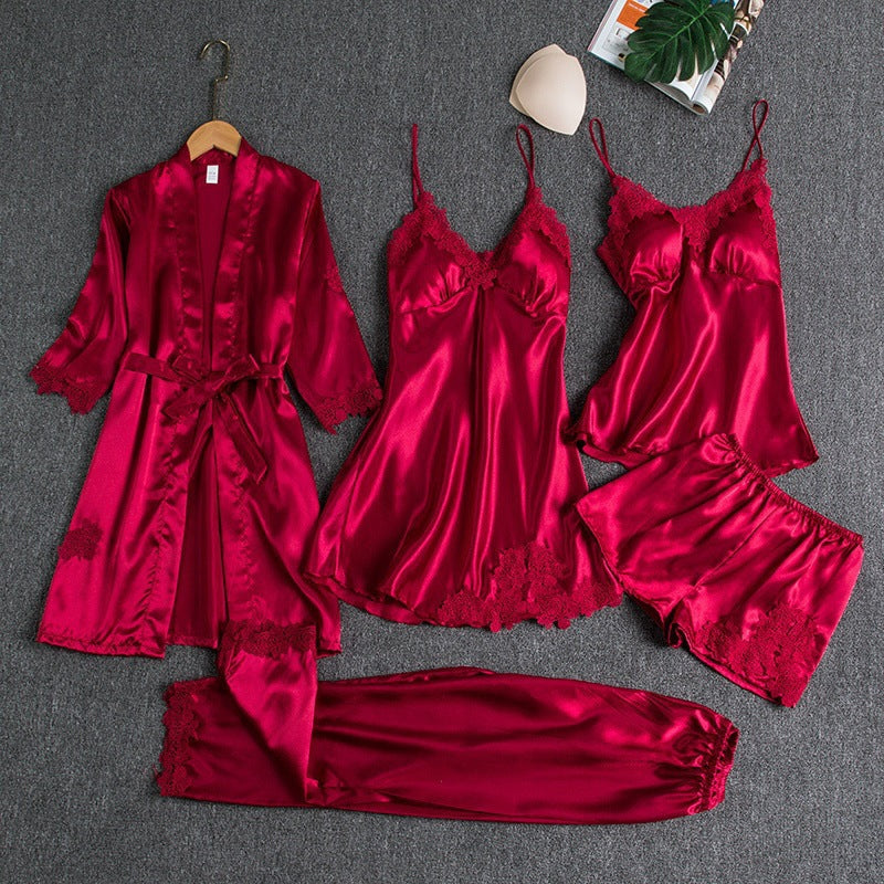 Nameria Women's Silk-like 5-Piece Pajama Set Robe Camisole Shorts Pants