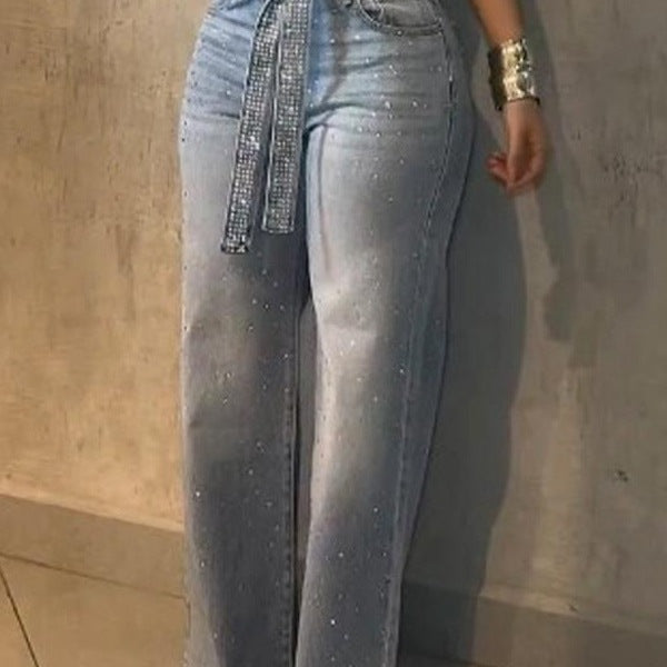 Nameria Rhinestone High Waist Wide Leg Denim Trousers