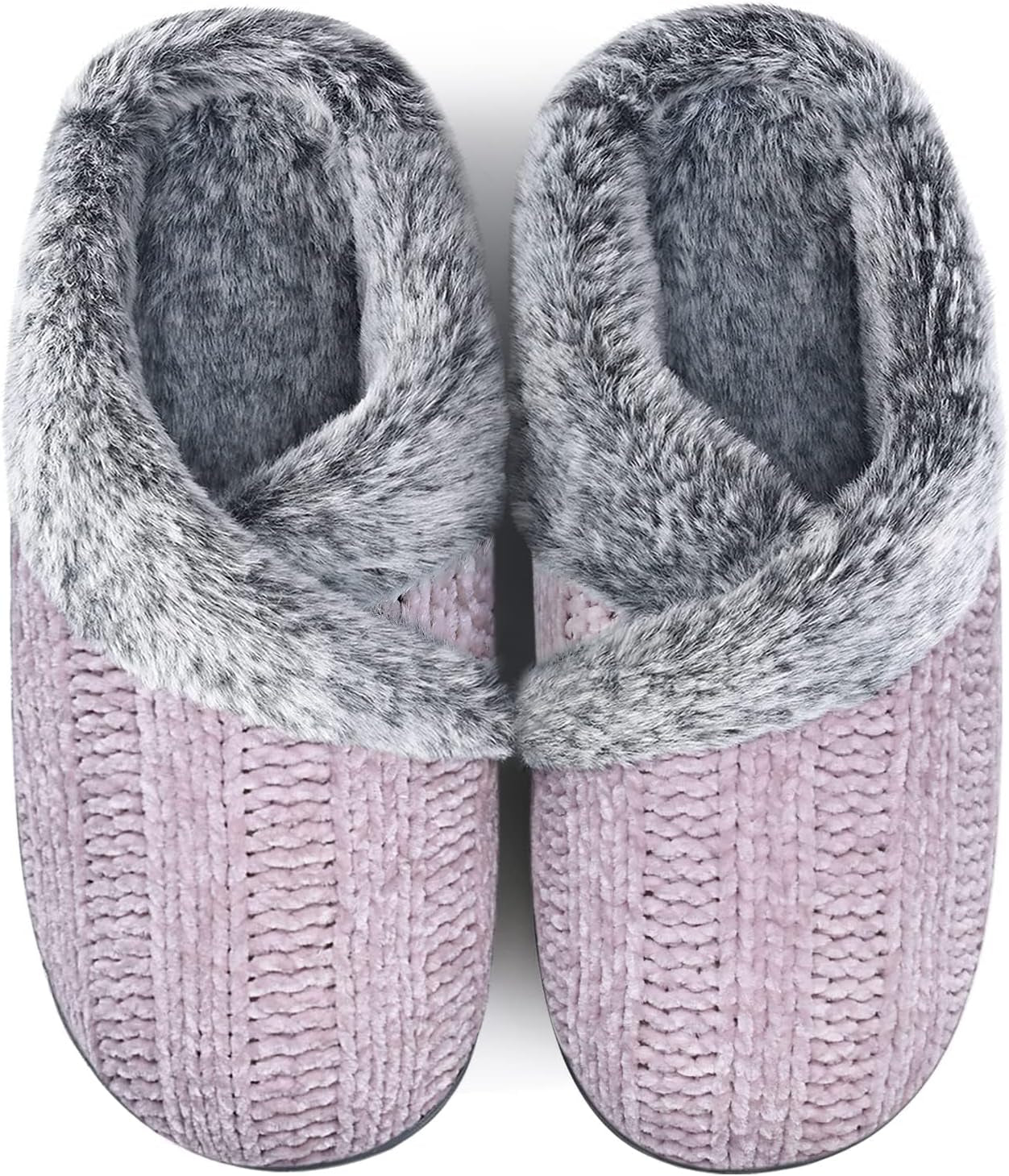 Women’s Fuzzy Memory Foam House Slippers – Indoor Outdoor Cozy Knit Slip-On with Plush Lining & Anti-Skid Rubber Sole