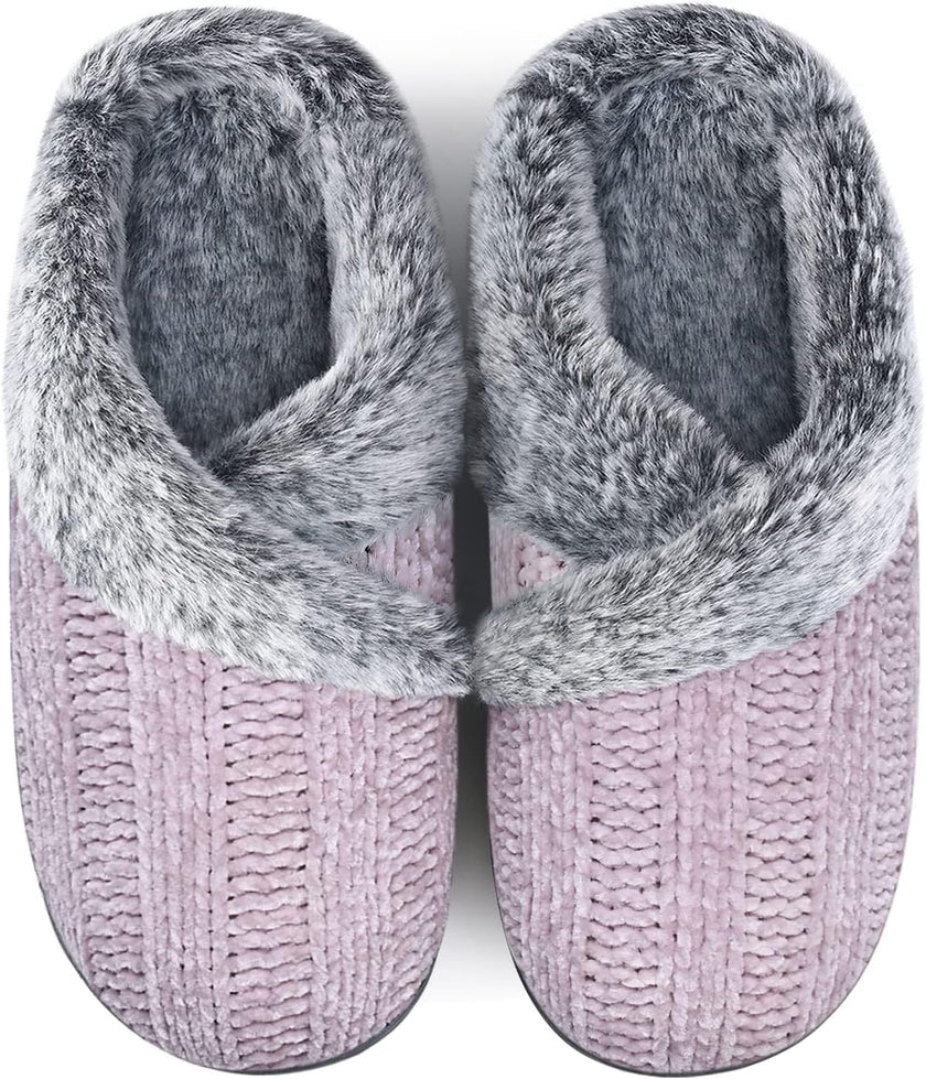 Women’s Fuzzy Memory Foam House Slippers – Indoor Outdoor Cozy Knit Slip-On with Plush Lining & Anti-Skid Rubber Sole