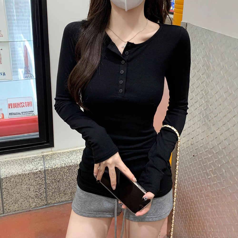 Nameria Button Fitted Long Sleeve Base Layer Half Open Collar Top