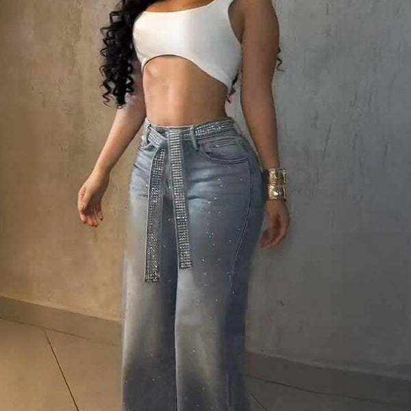 Nameria Rhinestone High Waist Wide Leg Denim Trousers