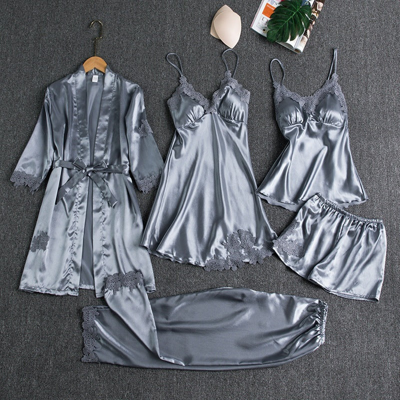 Nameria Women's Silk-like 5-Piece Pajama Set Robe Camisole Shorts Pants