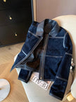Nameria Navy Blue Suede Jacket Leather Trim Lapel Zip Front
