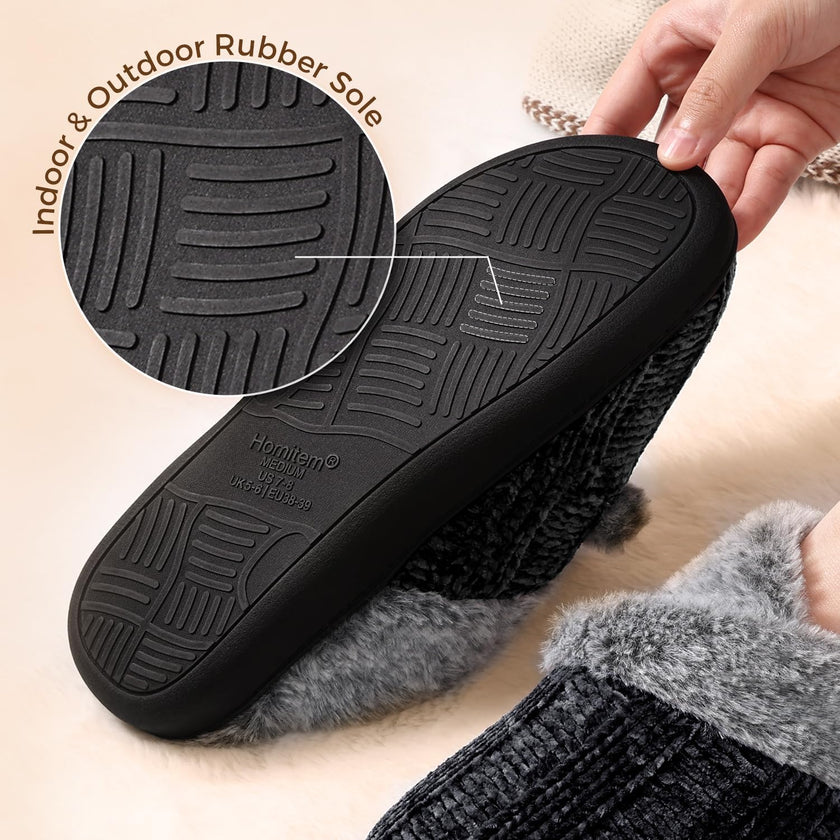 Women’s Fuzzy Memory Foam House Slippers – Indoor Outdoor Cozy Knit Slip-On with Plush Lining & Anti-Skid Rubber Sole