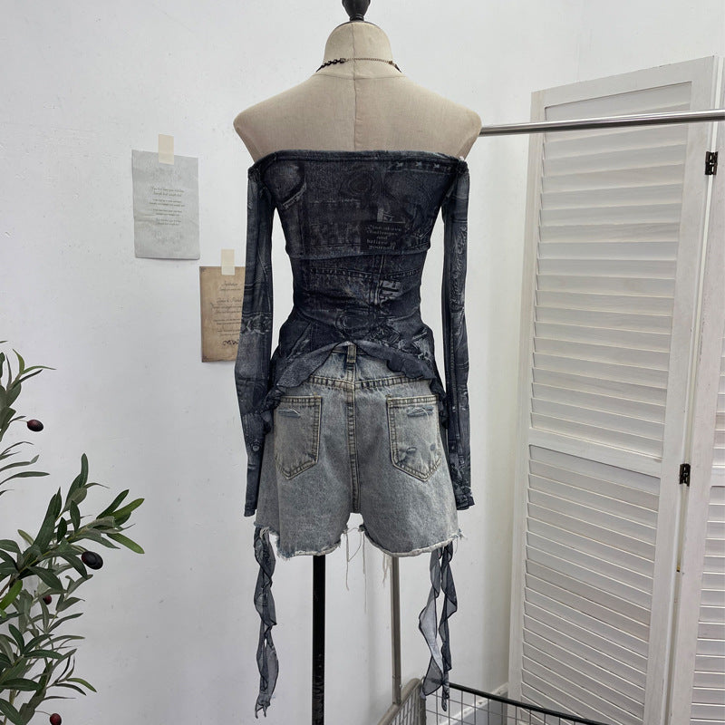 Nameria One-Shoulder Butterfly Embroidered Mesh Top
