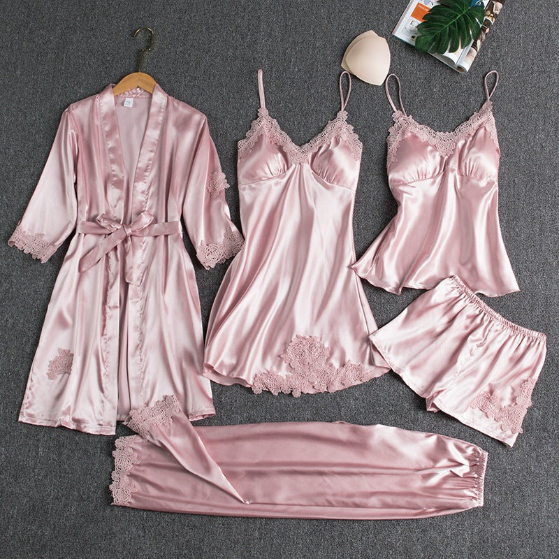 Nameria Women's Silk-like 5-Piece Pajama Set Robe Camisole Shorts Pants