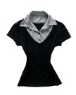 Nameria Pinstripe Puff Sleeve Button Front Blouse