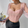 Nameria Mesh Bell Sleeve Floral Lace Top with Boning Backless